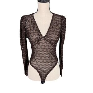 Fairycore Believe Brown Sheer Mesh Glitter Diamond Bodysuit LongSleeve V-Neck SM